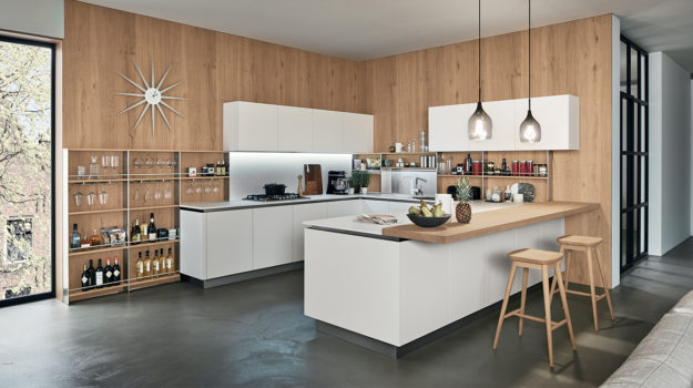 Veneta Cucine – Cucina Oyster Pro Silk bianco neve 619, Rovere nodoso chiaro 799 Cucina Oyster Pro di Veneta Cucine