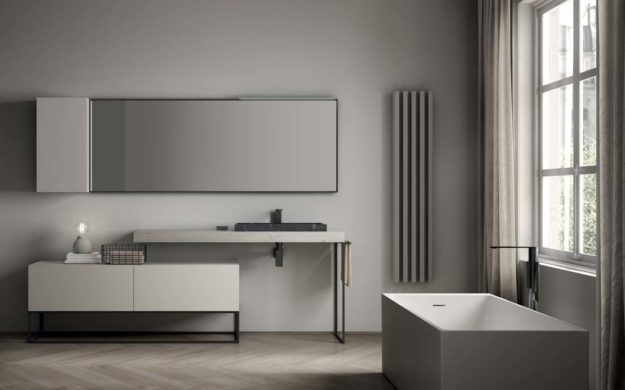 Mobile con piano lavabo in Abete Vintage Sbiancato e lavabo semincasso in marmo grafite opaco
