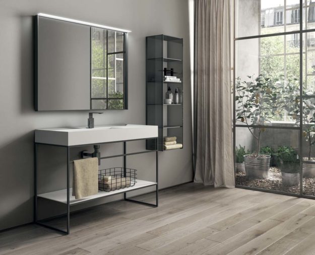 Mobile con piano lavabo in cristalplant su struttura in alluminio carbone