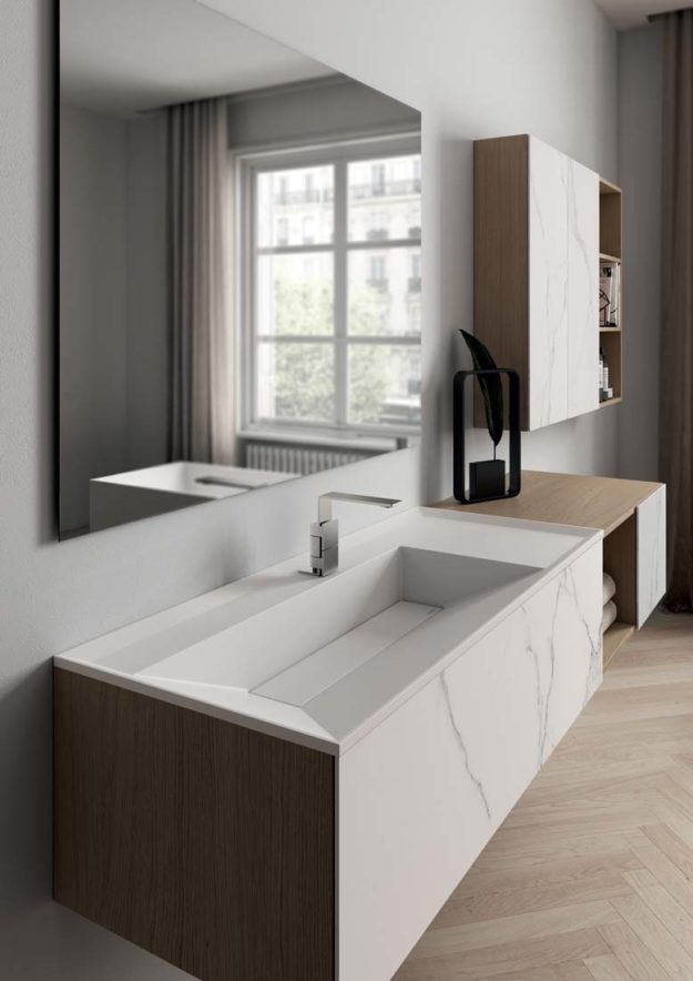 Dettaglio piano lavabo con vasca integrale in cristalplant