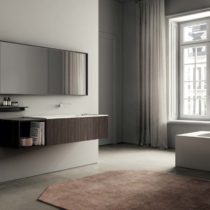 Mobile sospeso con finitura rovere termocotto e piano lavabo in cristalplant