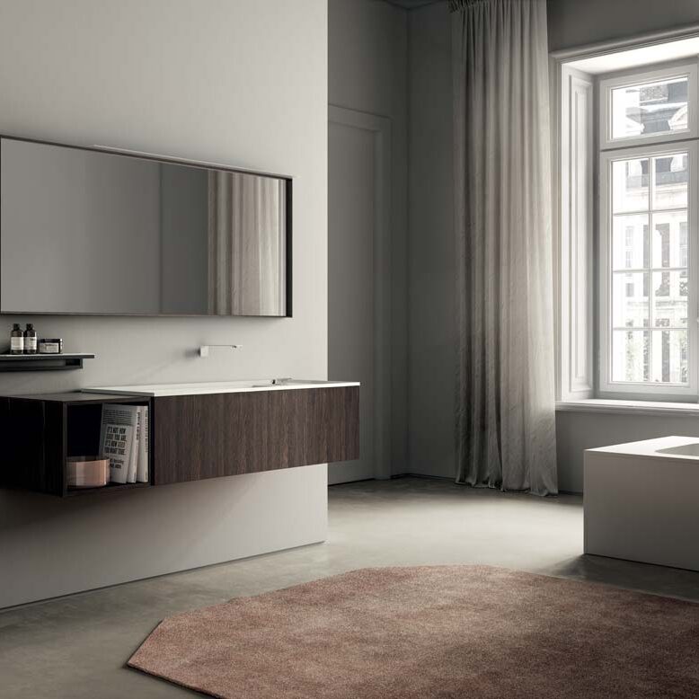 Mobile sospeso con finitura rovere termocotto e piano lavabo in cristalplant